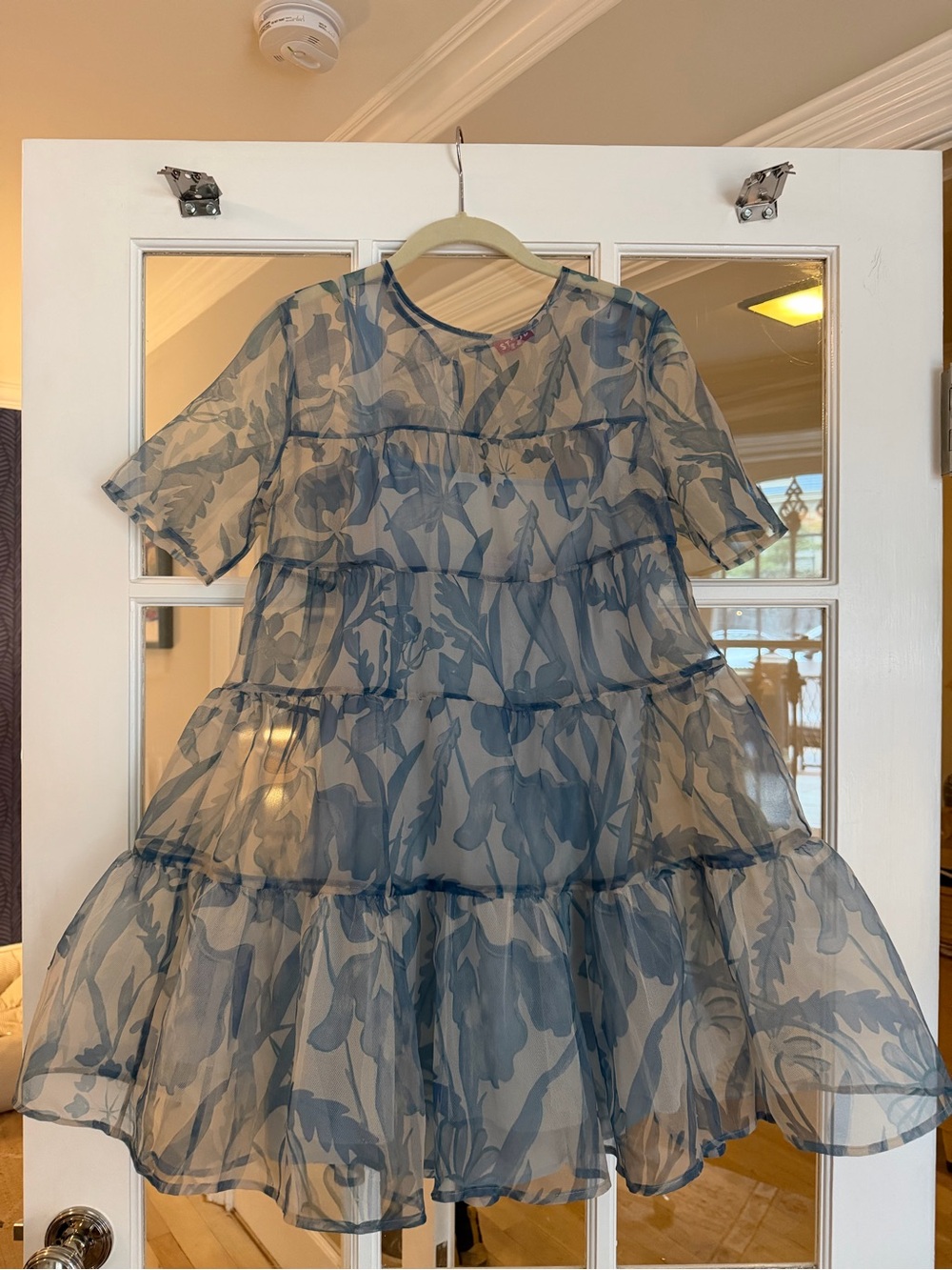 STAUD Sheer Blue Floral Tiered Mini Dress